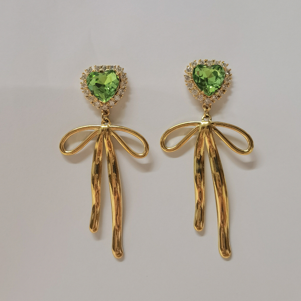 Fashion Jewelry Elegant Earring 18K Gold Plated Sweet Green and Yellow Zircon Heart Bow Knot Pendant Drop Earrings for Girls