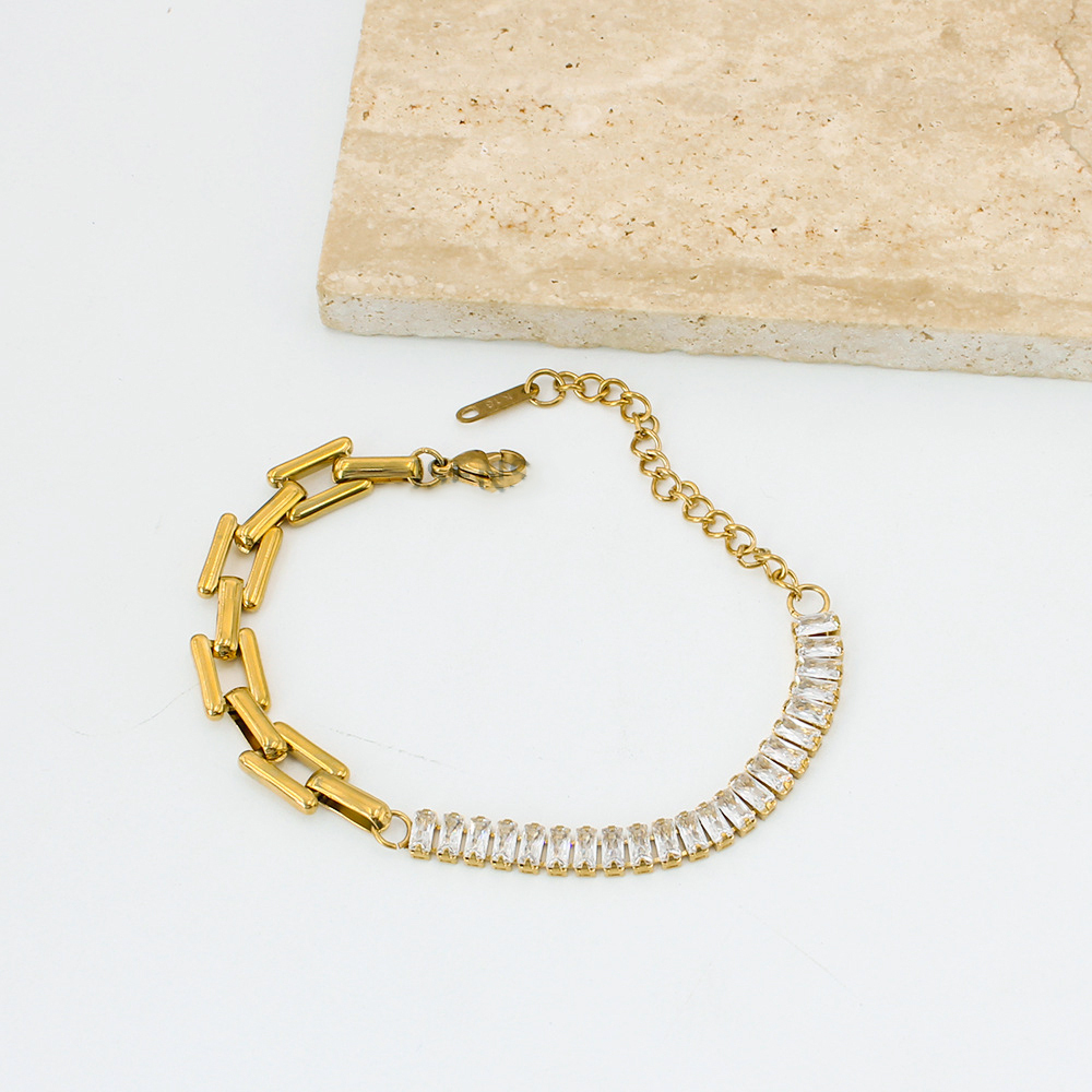 IVIAPRO Jewelry Non Tarnish & Waterproof Stainless Steel 18K Gold Plated Link Chain Baguette Zircon Bracelet &Necklace