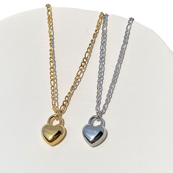 Fashion Jewelry Stainless Steel Gold Plated Figaro Chain Heart Lock Choker Necklace