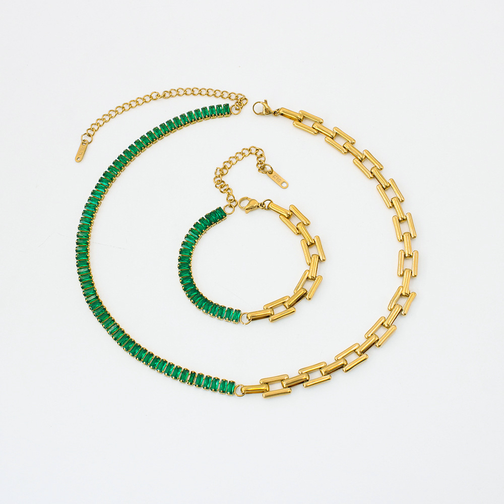 IVIAPRO Jewelry Non Tarnish & Waterproof Stainless Steel 18K Gold Plated Link Chain Baguette Zircon Bracelet &Necklace