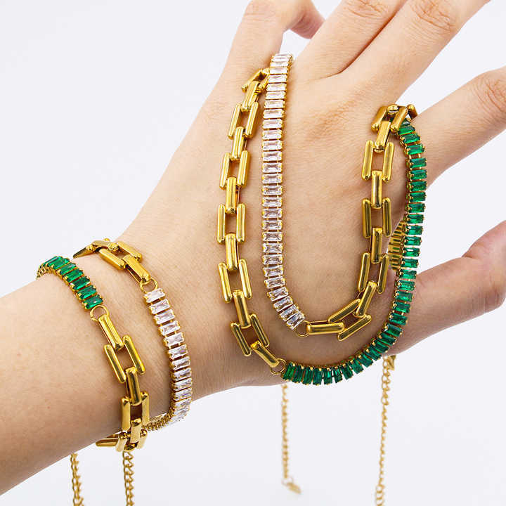 IVIAPRO Jewelry Non Tarnish & Waterproof Stainless Steel 18K Gold Plated Link Chain Baguette Zircon Bracelet &Necklace