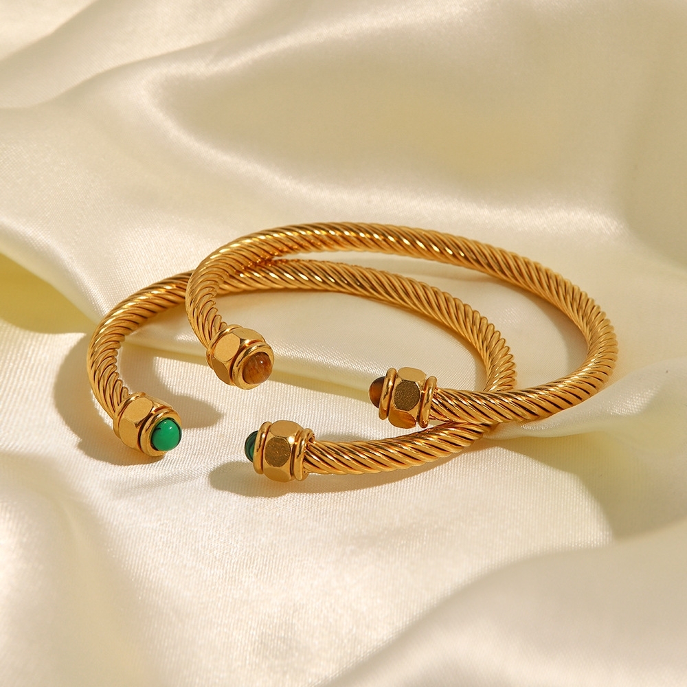 New Arrival Fashion Jewelry 18K PVD Gold Plated Stainless Steel Natural Stones Rope Twisted Open Bracelet Bangles for Women