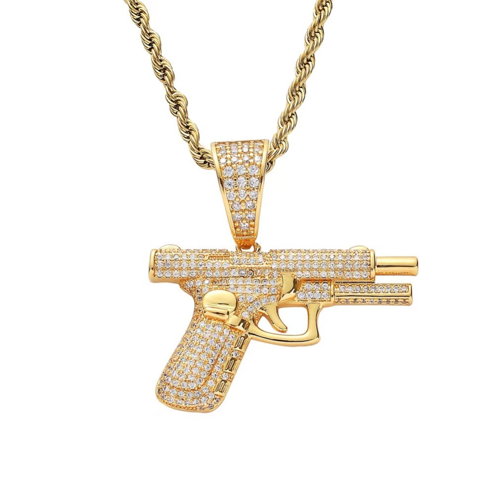 New Hip Hop Jewelry Brass 18k Gold Plated Shining Iced Out Snowflake Gun Pendant Rope Chain Necklace