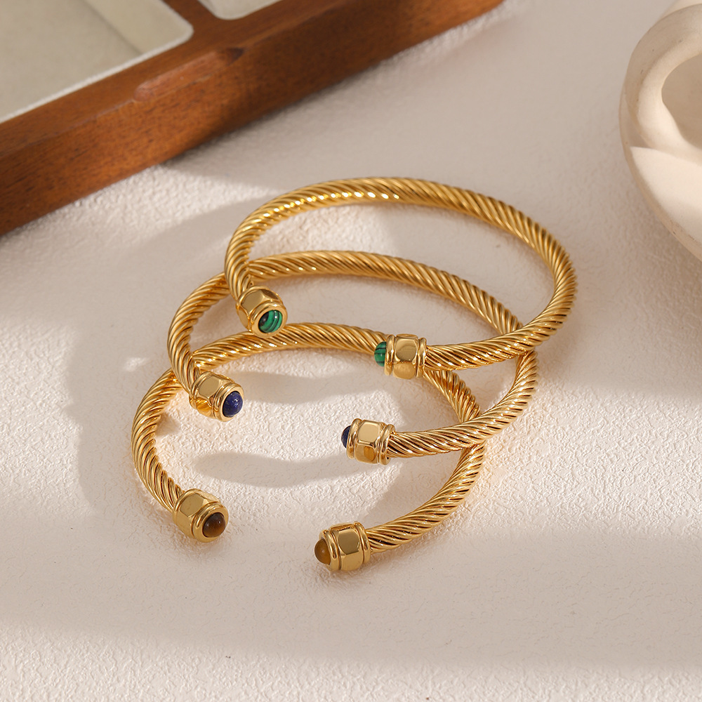 New Arrival Fashion Jewelry 18K PVD Gold Plated Stainless Steel Natural Stones Rope Twisted Open Bracelet Bangles for Women