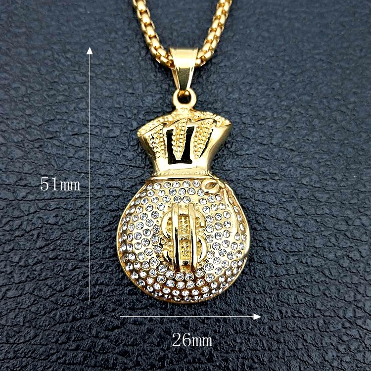 Hot Selling Tarnish Free 18K Gold Plated Hip Hop Style Charms Stainless Steel Cubic Zircon Money Bag Pendant for DIY Necklace