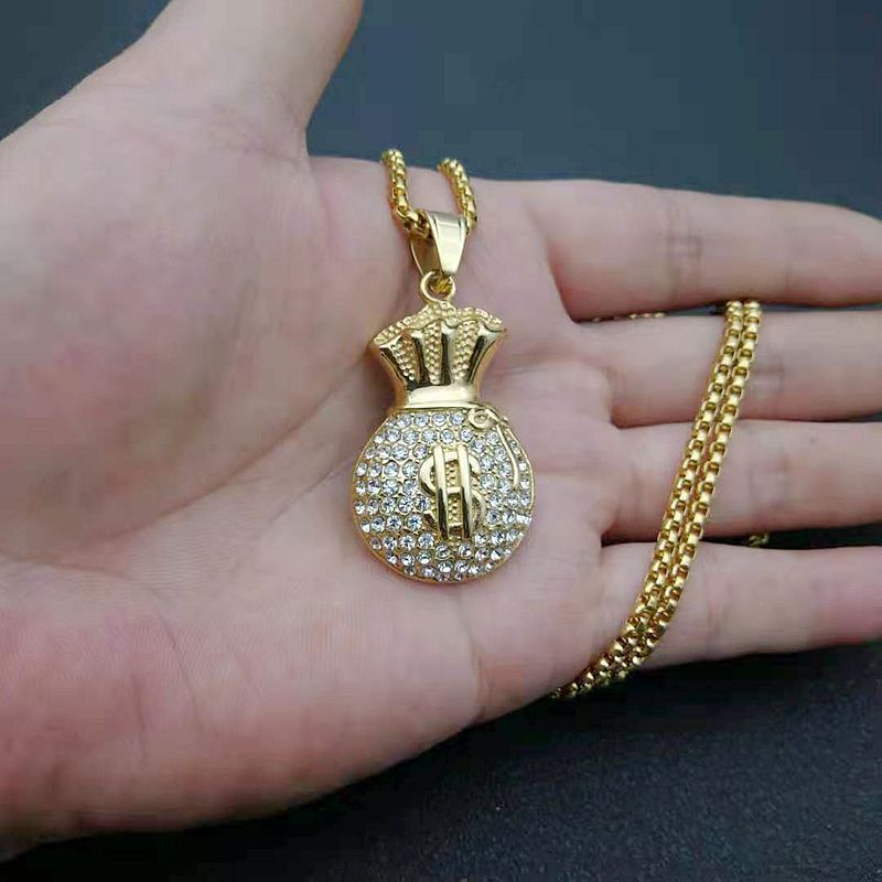 Hot Selling Tarnish Free 18K Gold Plated Hip Hop Style Charms Stainless Steel Cubic Zircon Money Bag Pendant for DIY Necklace