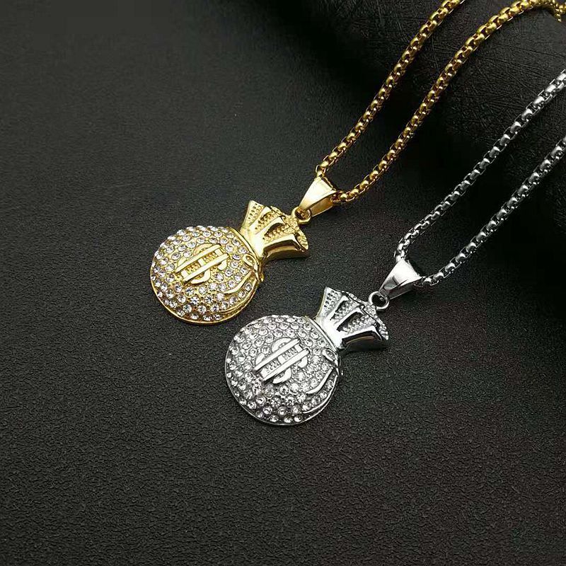 Hot Selling Tarnish Free 18K Gold Plated Hip Hop Style Charms Stainless Steel Cubic Zircon Money Bag Pendant for DIY Necklace