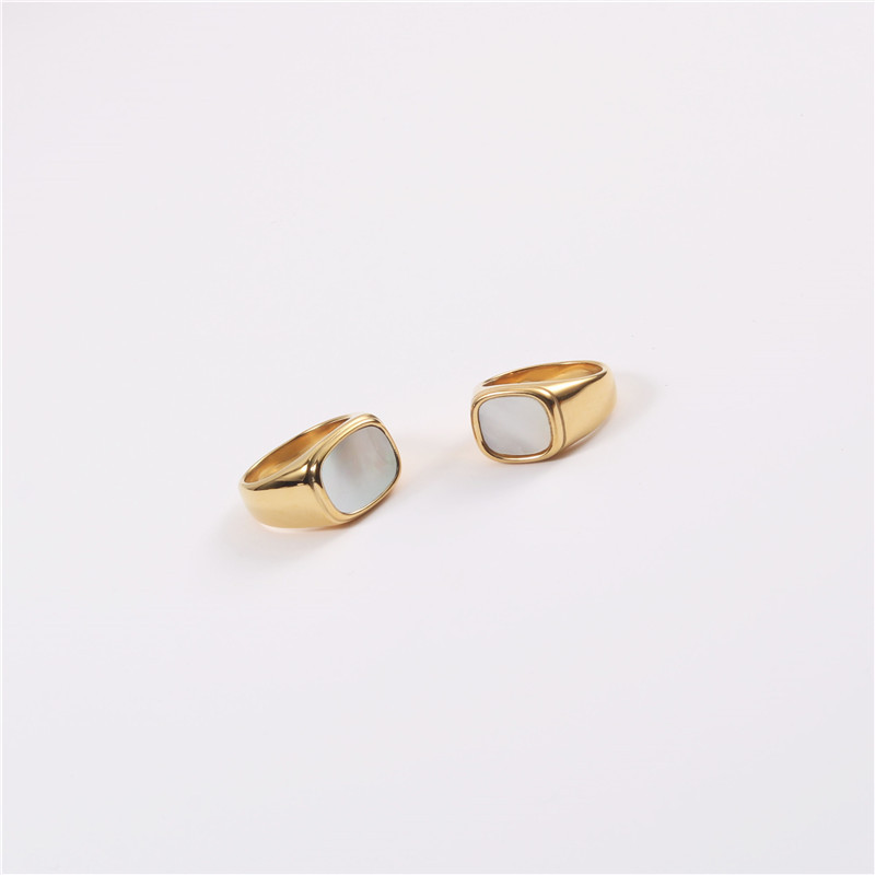 Trendy Minimalist Style 18K PVD Gold Plated Tarnish Free & Water Resistant White Shell Rings Stainless Steel Jewelry for Women