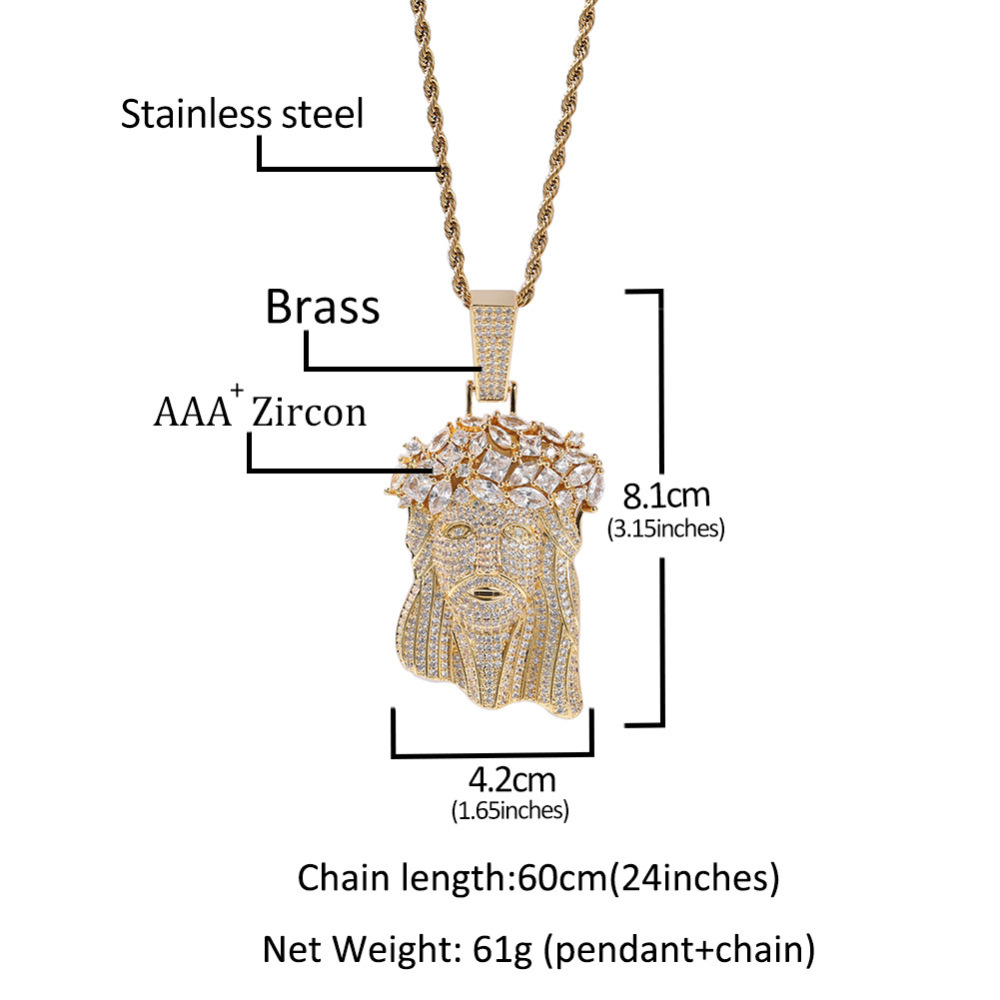 Iced Out Hip Hop Jewelry Big Size 18K Gold Plated Brass AAAAA CZ Diamond Jesus Pendant Necklace With  Rope Cain for Men