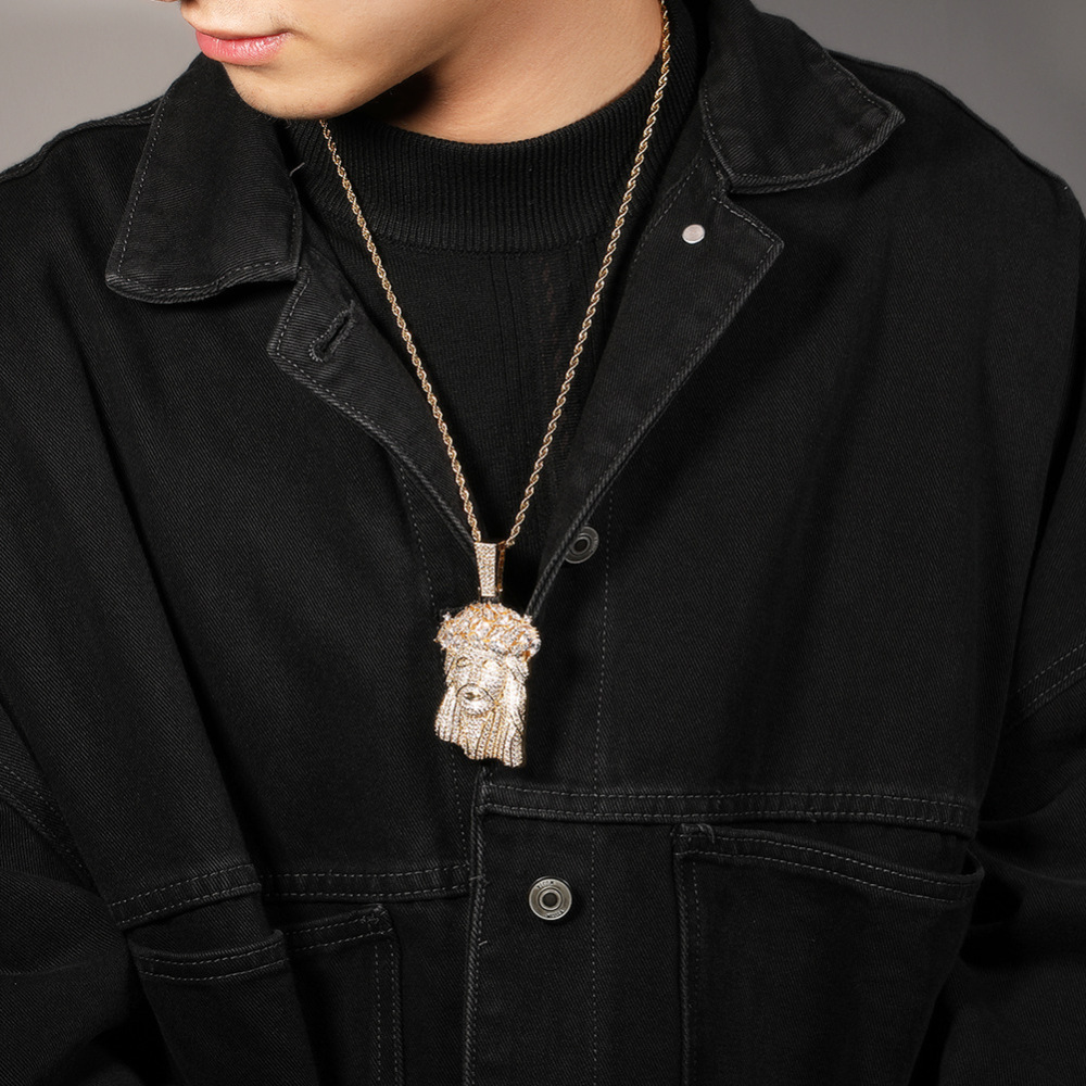 Iced Out Hip Hop Jewelry Big Size 18K Gold Plated Brass AAAAA CZ Diamond Jesus Pendant Necklace With  Rope Cain for Men