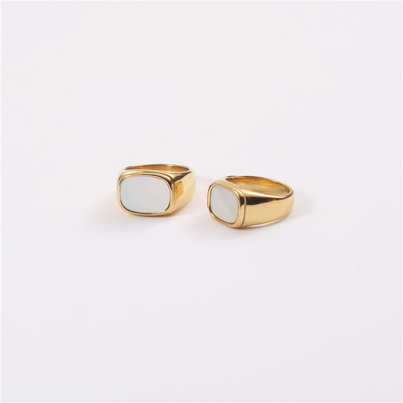Trendy Minimalist Style 18K PVD Gold Plated Tarnish Free & Water Resistant White Shell Rings Stainless Steel Jewelry for Women