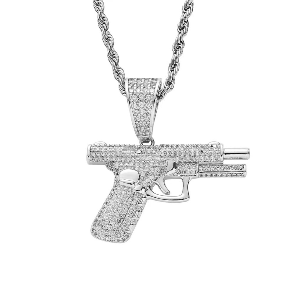 New Hip Hop Jewelry Brass 18k Gold Plated Shining Iced Out Snowflake Gun Pendant Rope Chain Necklace