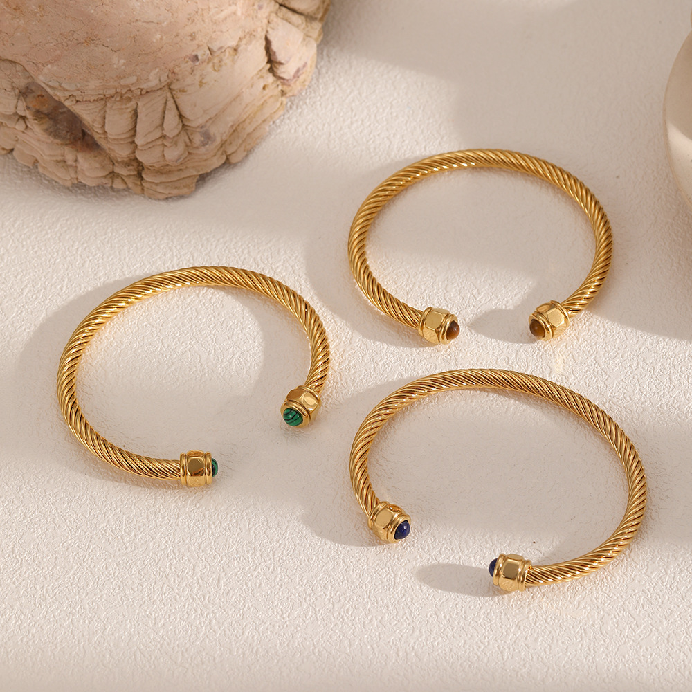 New Arrival Fashion Jewelry 18K PVD Gold Plated Stainless Steel Natural Stones Rope Twisted Open Bracelet Bangles for Women