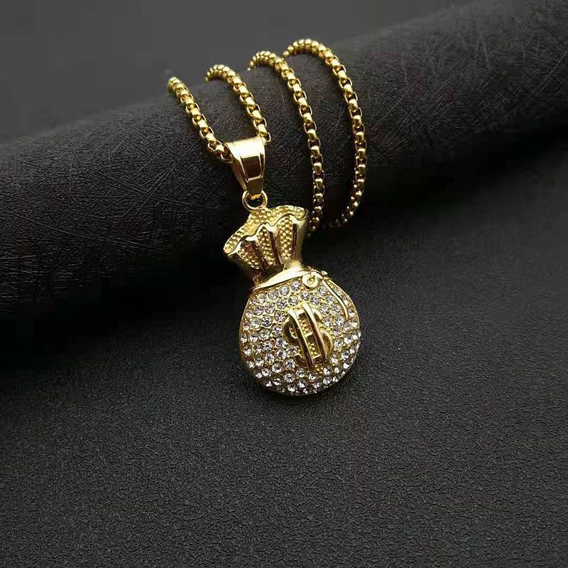 Hot Selling Tarnish Free 18K Gold Plated Hip Hop Style Charms Stainless Steel Cubic Zircon Money Bag Pendant for DIY Necklace