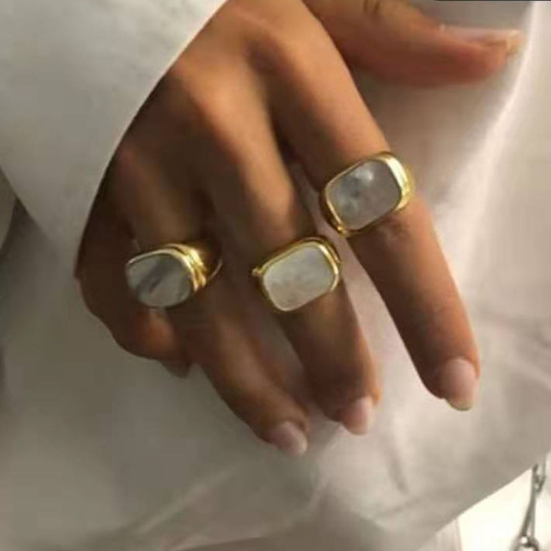 Trendy Minimalist Style 18K PVD Gold Plated Tarnish Free & Water Resistant White Shell Rings Stainless Steel Jewelry for Women