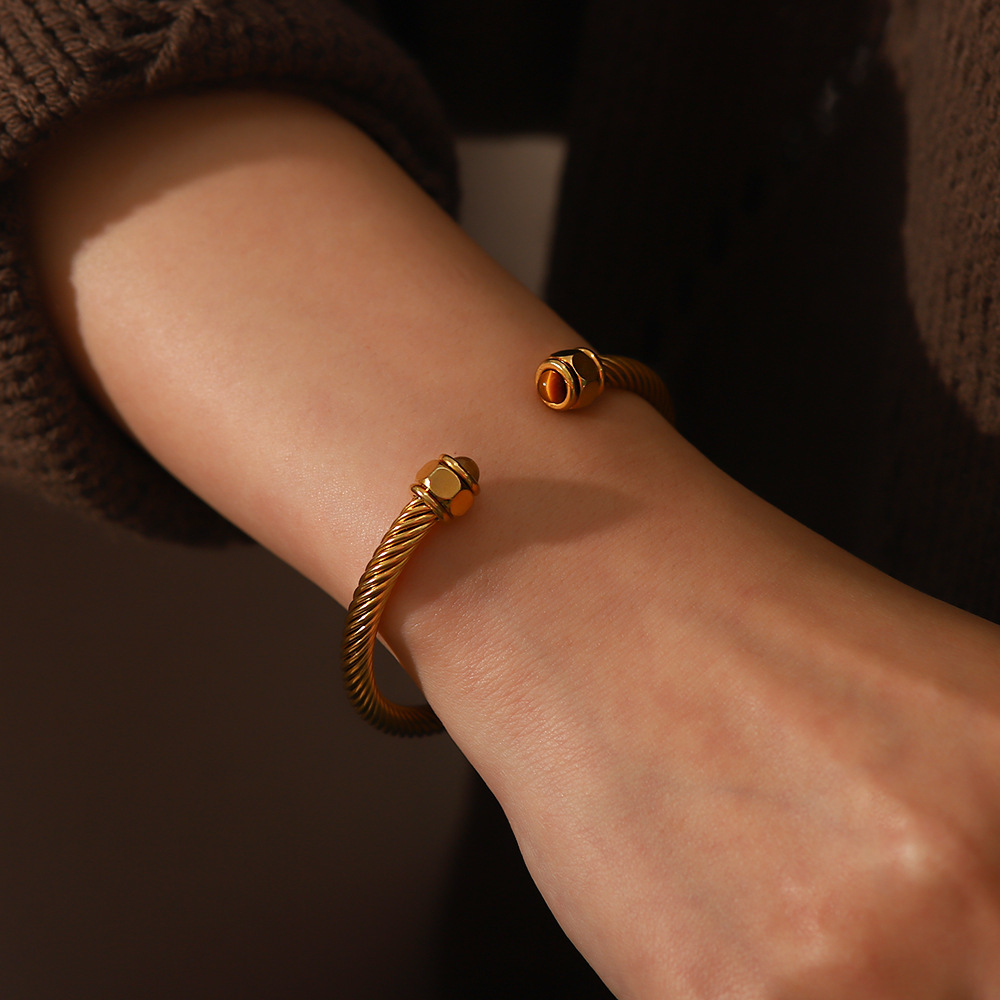 New Arrival Fashion Jewelry 18K PVD Gold Plated Stainless Steel Natural Stones Rope Twisted Open Bracelet Bangles for Women