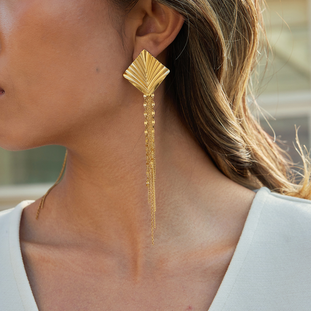 J&D Geometric Drop Earrings 18K Gold Plated Stainless Steel Rhombus Chain Fringe Design Vintage Inspired Statement Jewelry