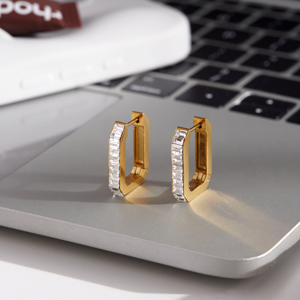 J&D Classic U Shape CZ Earring 18K Gold Plated Stainless Steel Trendy White Cubic Zirconia Hoop Earrings