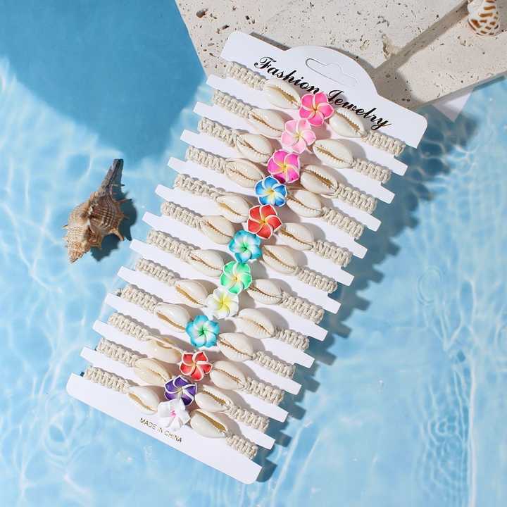 Hot Selling Bohemia Beach Vacation Style Jewelry Wholesale Colorful Soft Clay Plumeria Flower Rope Bracelets Set for Women