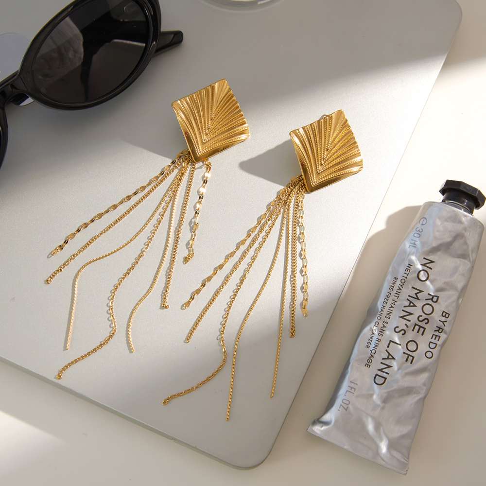 J&D Geometric Drop Earrings 18K Gold Plated Stainless Steel Rhombus Chain Fringe Design Vintage Inspired Statement Jewelry