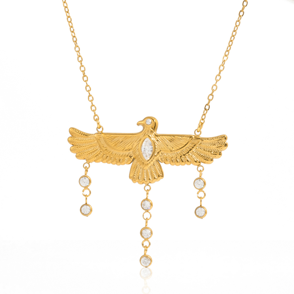 J&D 18K Gold Plate Stainless Steel Necklace Classic White Zircon Eagle Bird Tassel Pendant Necklace