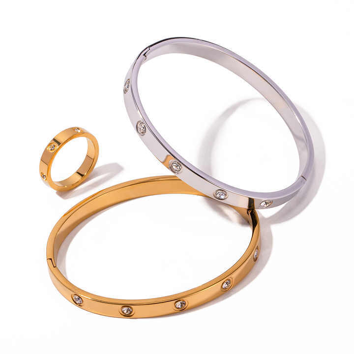 Hot Sale 18K PVD Gold Plated Stainless Steel Bangle Round Zircon Inlaid Rectangular Alternating Bracelet for Women