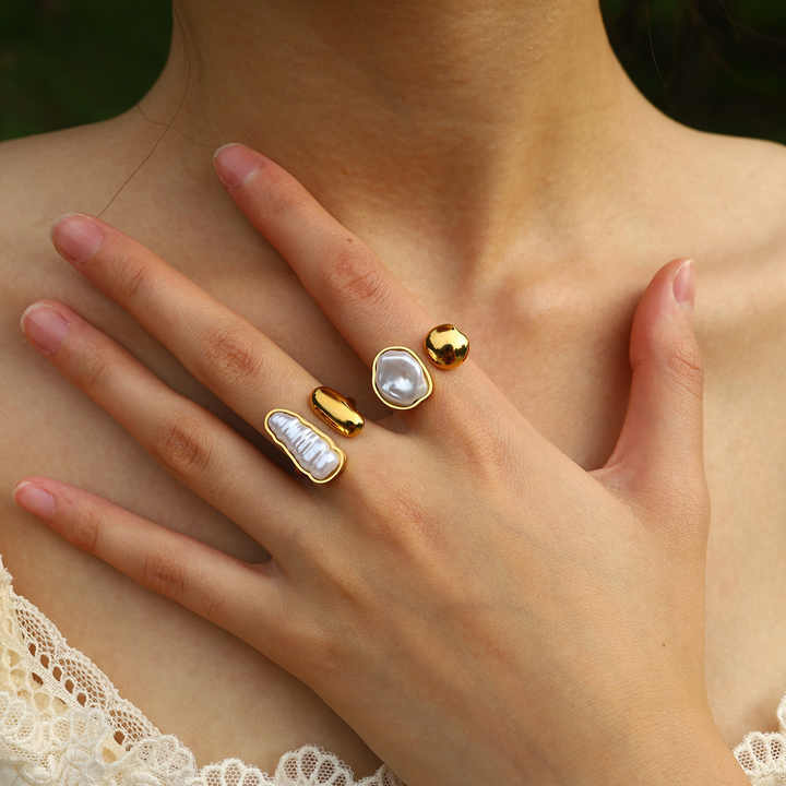 Ins Hot 18K Gold Plated Stainless Steel Irregular Pearl Ring for Women Tarnish Free Hypoallergenic Fashion Jewelry Rings Female