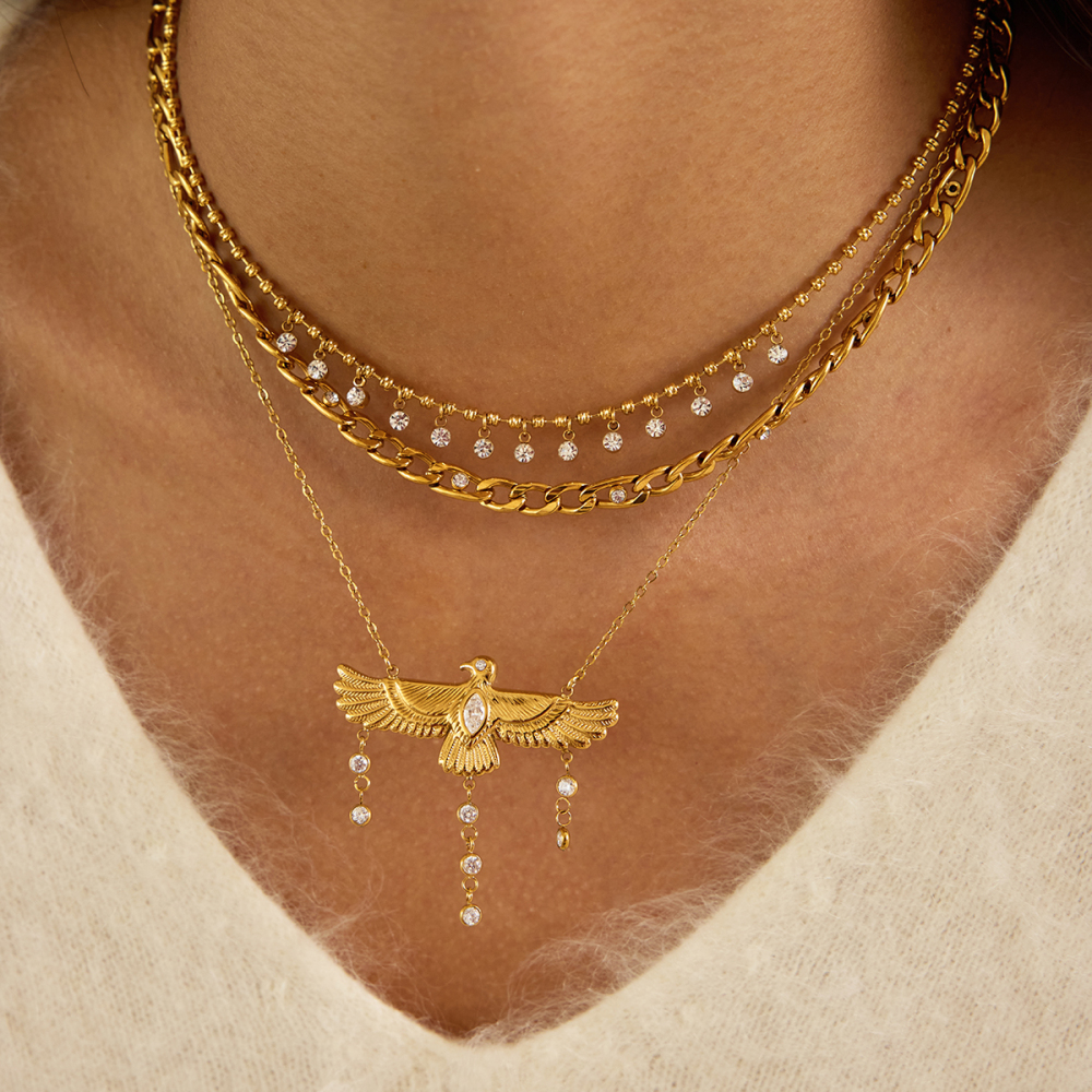 J&D 18K Gold Plate Stainless Steel Necklace Classic White Zircon Eagle Bird Tassel Pendant Necklace