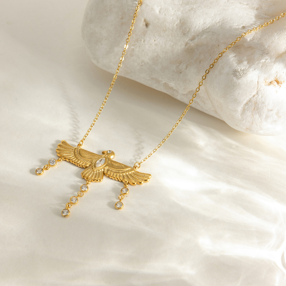 J&D 18K Gold Plate Stainless Steel Necklace Classic White Zircon Eagle Bird Tassel Pendant Necklace