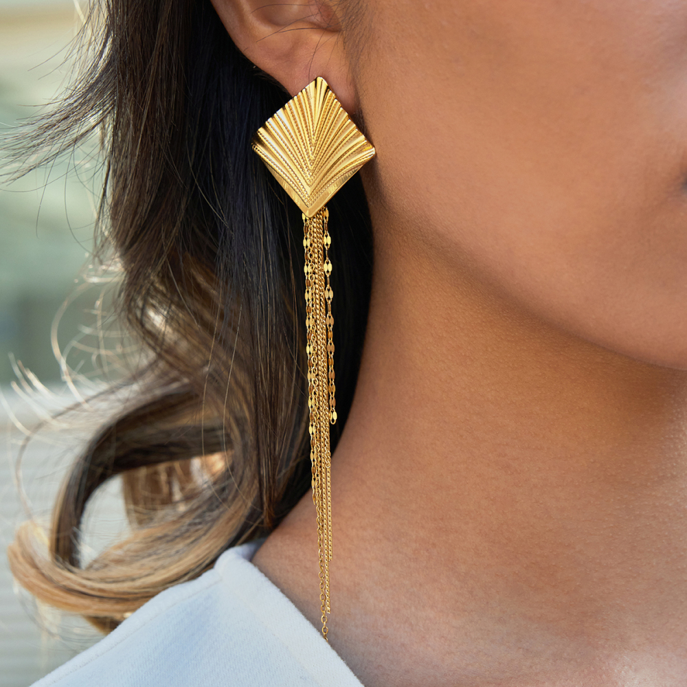J&D Geometric Drop Earrings 18K Gold Plated Stainless Steel Rhombus Chain Fringe Design Vintage Inspired Statement Jewelry