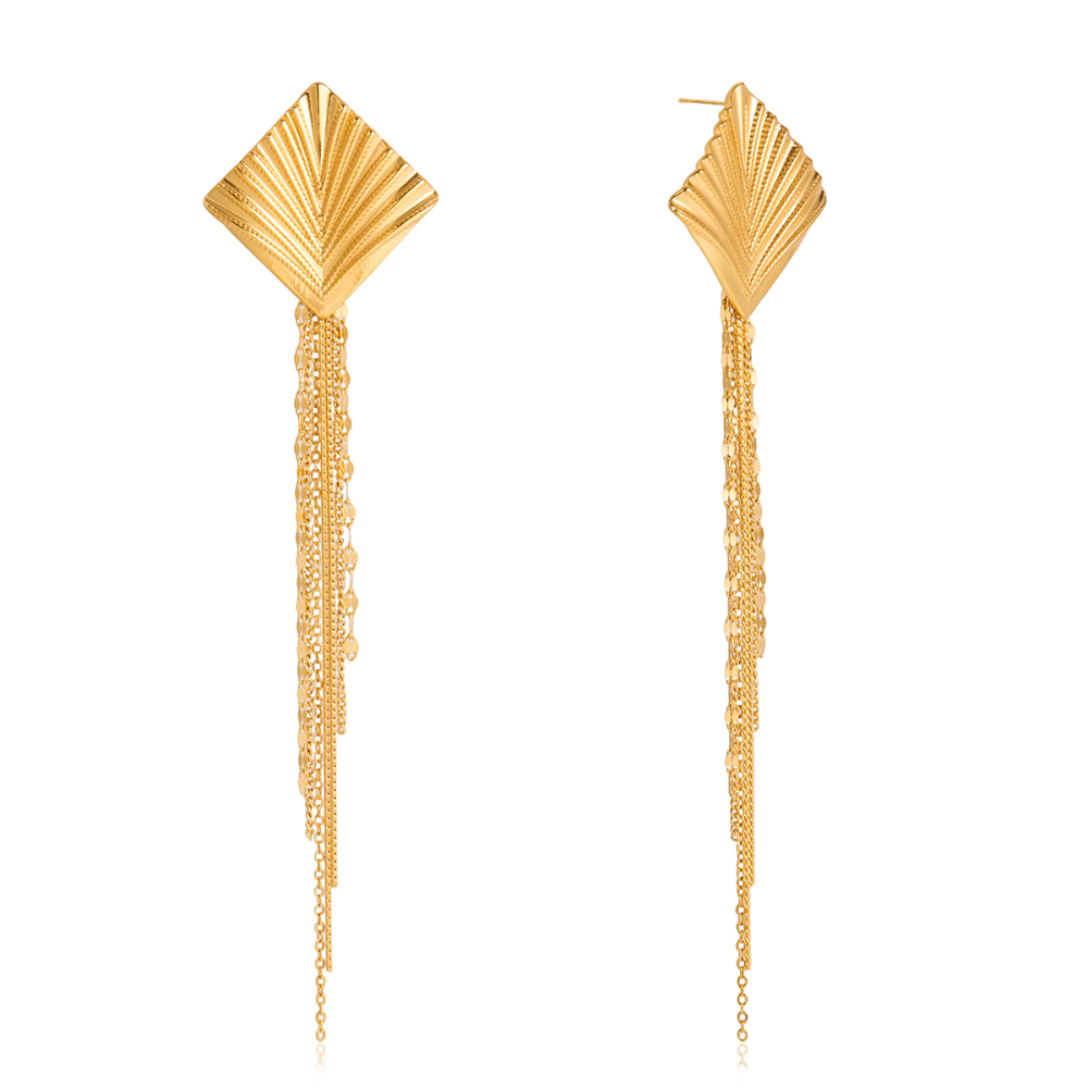 J&D Geometric Drop Earrings 18K Gold Plated Stainless Steel Rhombus Chain Fringe Design Vintage Inspired Statement Jewelry