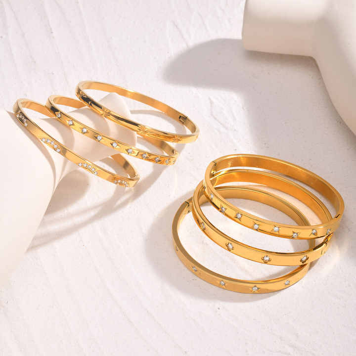 Trendy Elegant Sparkling 18k Gold Plated Stainless Steel 4mm 6mm Bangle Bracelet Cucic Zircon Star Clasp Bangles for Parties