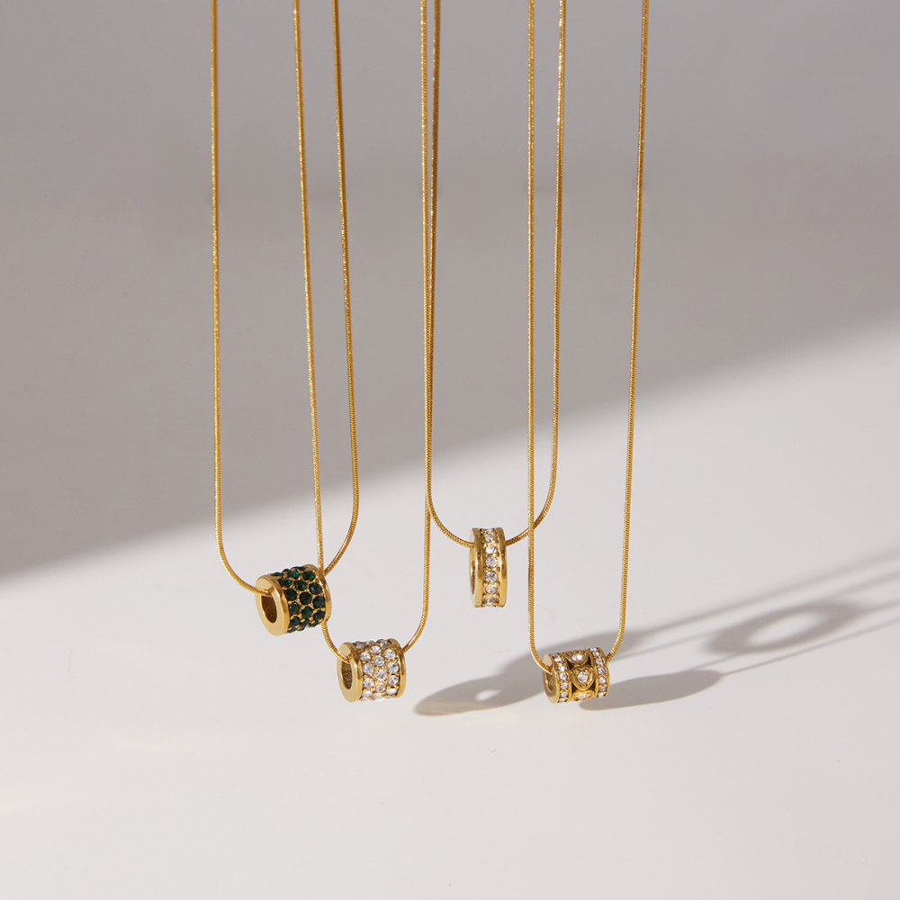 J&D 18K Gold Plate Stainless Steel Necklace Classic Rhinestone Studded Spacer Beads Rotating Pendant Necklace