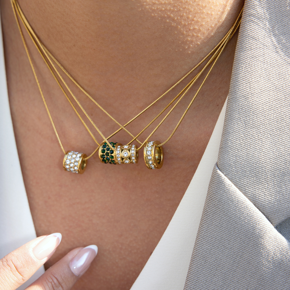 J&D 18K Gold Plate Stainless Steel Necklace Classic Rhinestone Studded Spacer Beads Rotating Pendant Necklace