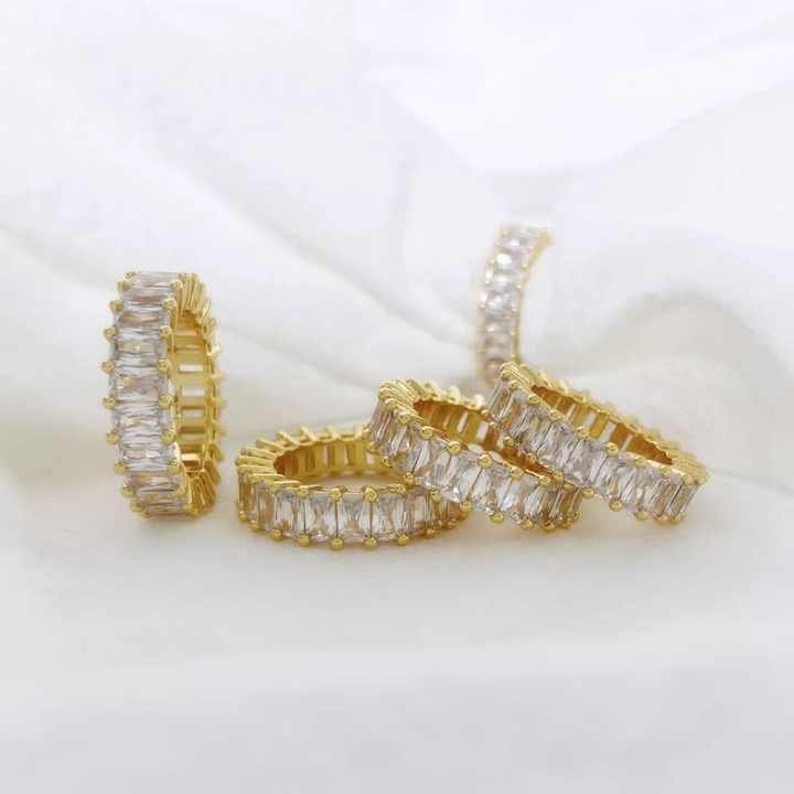 Trendy 18K Gold Plated Tarnish Free & Waterproof Stainless Steel Baguette Rectangle CZ Engagement Rings