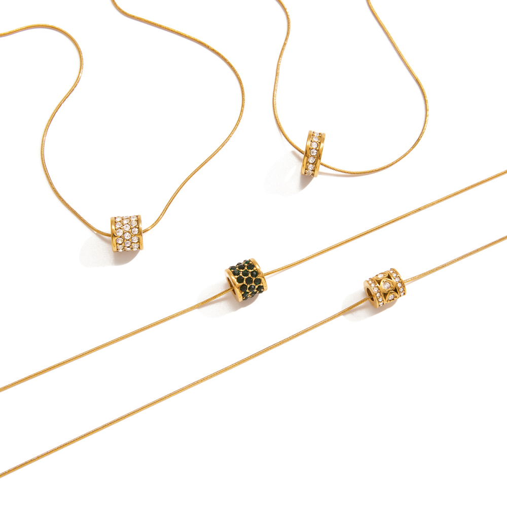J&D 18K Gold Plate Stainless Steel Necklace Classic Rhinestone Studded Spacer Beads Rotating Pendant Necklace