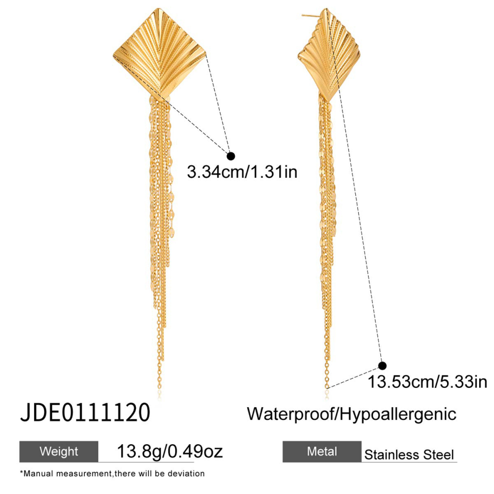 J&D Geometric Drop Earrings 18K Gold Plated Stainless Steel Rhombus Chain Fringe Design Vintage Inspired Statement Jewelry