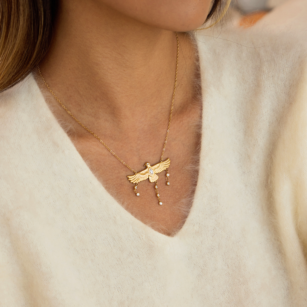 J&D 18K Gold Plate Stainless Steel Necklace Classic White Zircon Eagle Bird Tassel Pendant Necklace