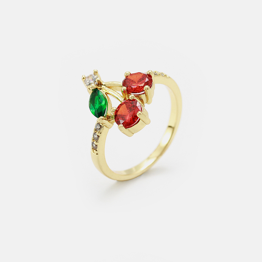 Fashion Jewelry Brass with 18K Gold Plated Cubic Zircon Cherry Rings Fruit Jewelry for Girls