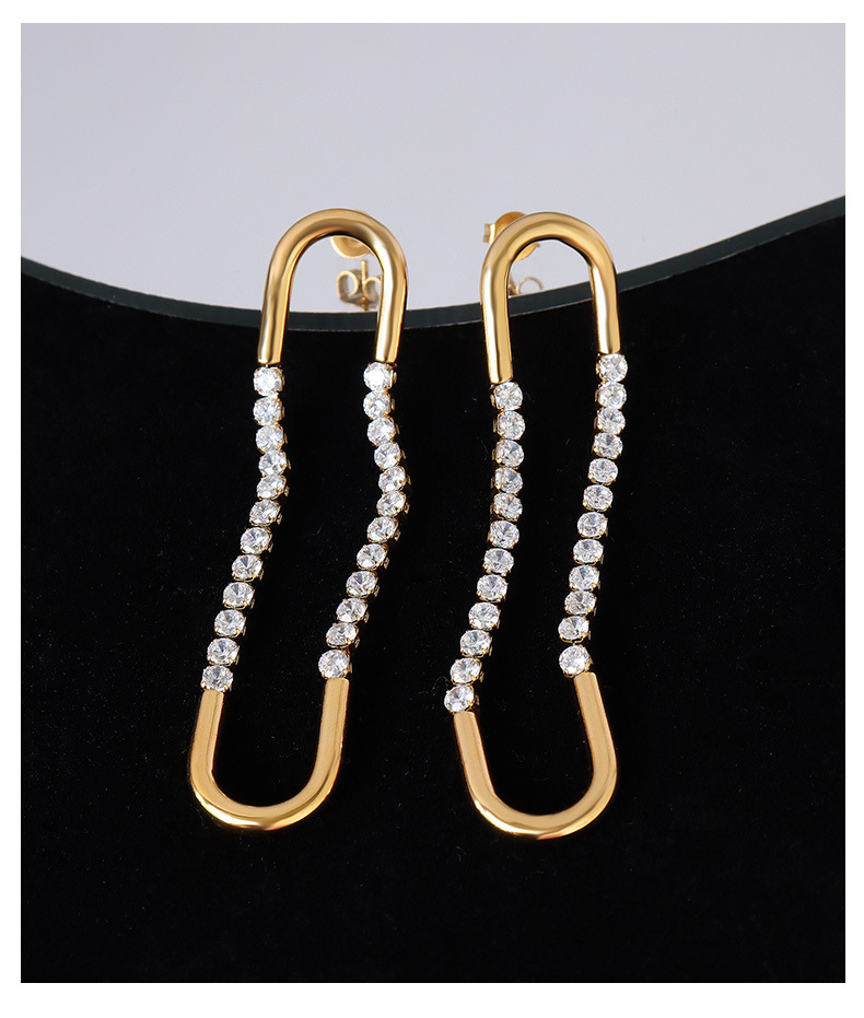 Fashion Jewelry Simple Water Resistant Stainless Steel 18K Gold Plated U-shaped Zircon Earrings for Women