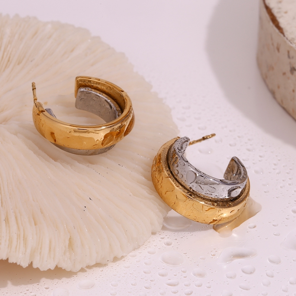 Fashion Jewelry Personalized Waterproof Stainless Steel Gold & Silver Two Tone Twisted Chunky Double Hoop Earrings