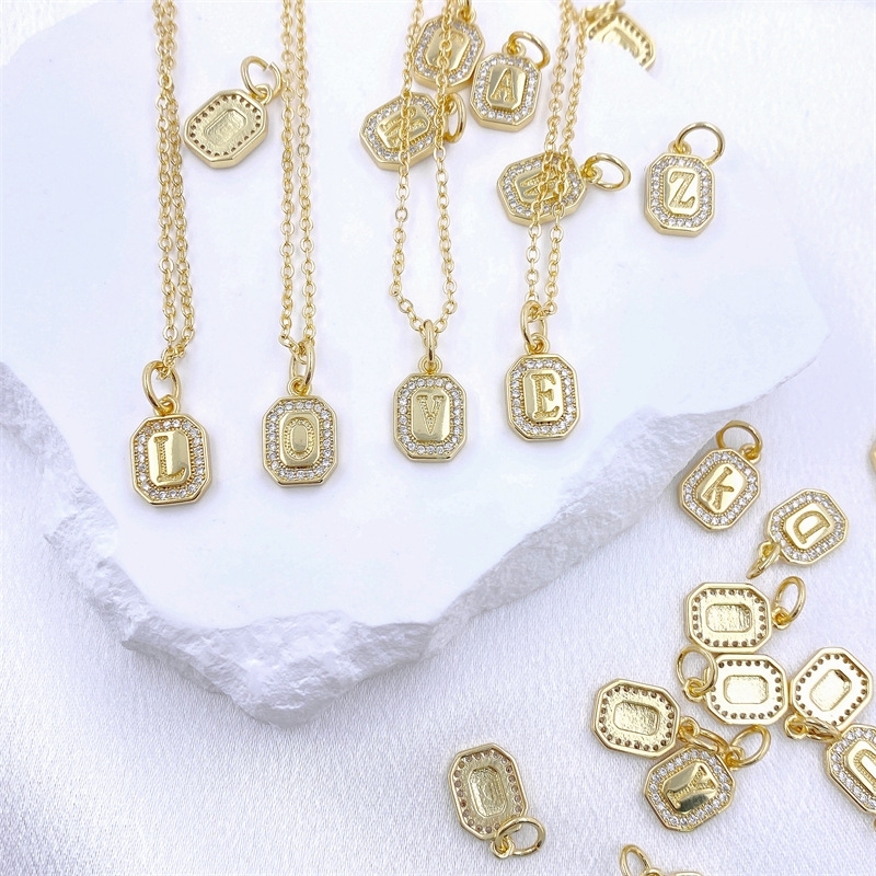 Hot Selling Trendy 18K Gold Plated CZ Square Shaped Letters Initial Alphabet Charms Pendants for Jewelry DIY