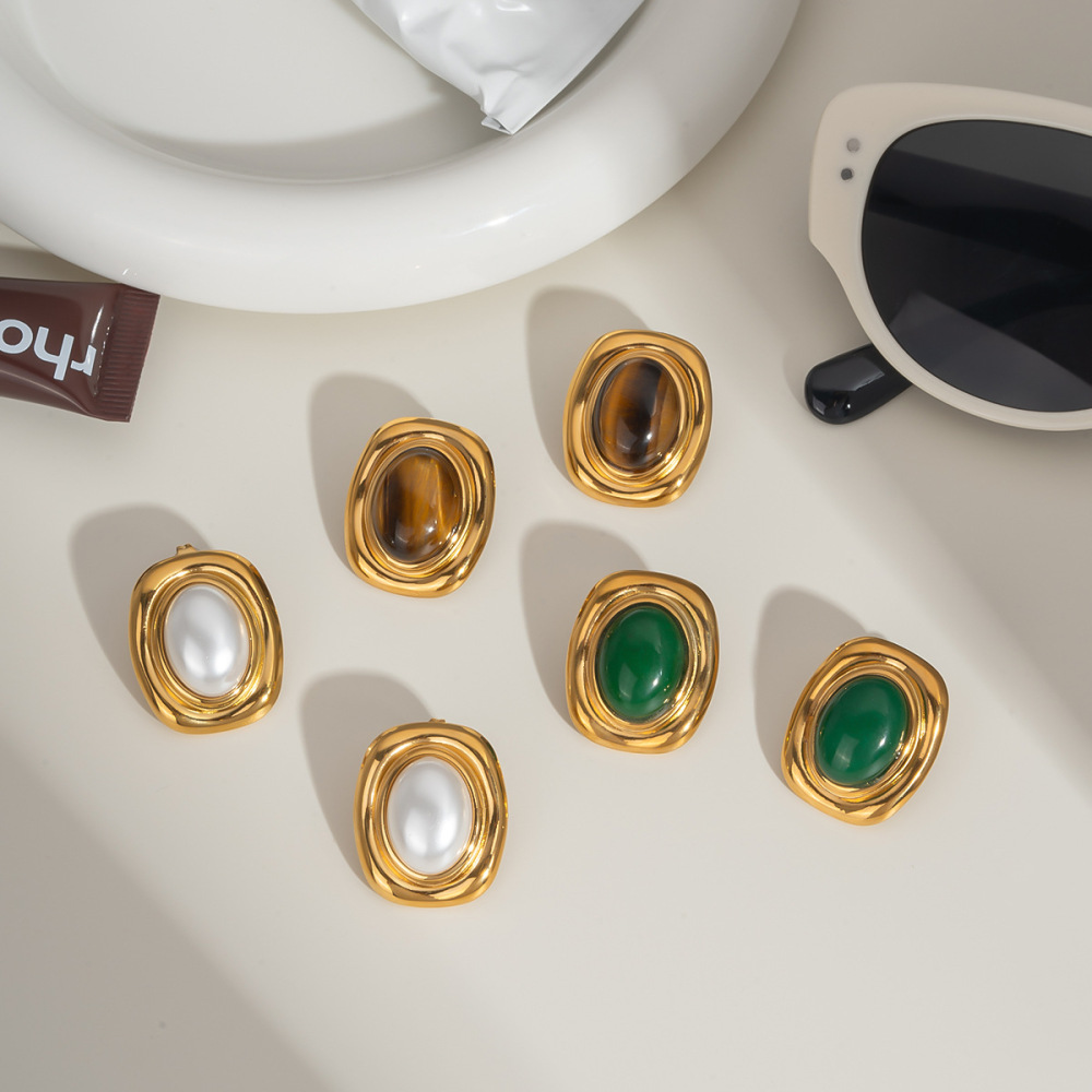 New Fashion Jewelry Wholesale 18K Gold Plated Non-tarnish Stainless Steel Retro Tiger Eye Emerald Stone Stud Earrings for Women