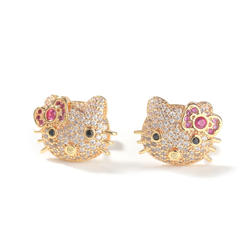 New Gold Plated Iced Out Cat Earring Cute Cartoon Animal Jewelry Sweet CZ Little Kitty Stud Earrings for Girls