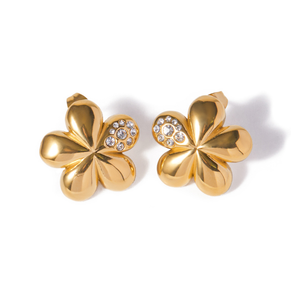 New Trendy Water Resistant Boho Cubic Zirconia Earrings Stainless Steel Gold Plated Three-Dimensional Flower Earring for Women