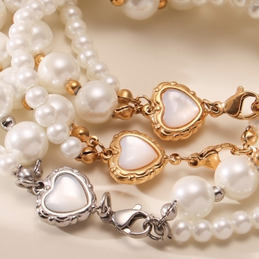 New Fashion Jewelry 18k Gold Plated Shell Pearl Necklace Stainless Steel Heart Clasp Double Layers Beaded Necklaces for Women