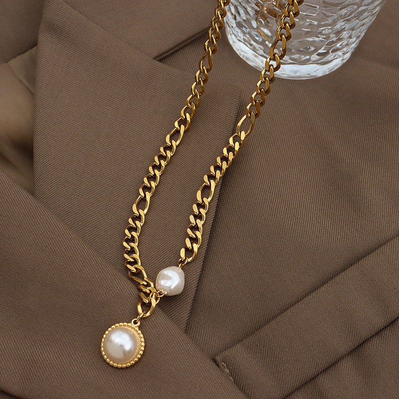 Fashion Elegant 18K Gold Plated Link Chain Pearl Choker Necklace Stainless Steel Jewelry for Women