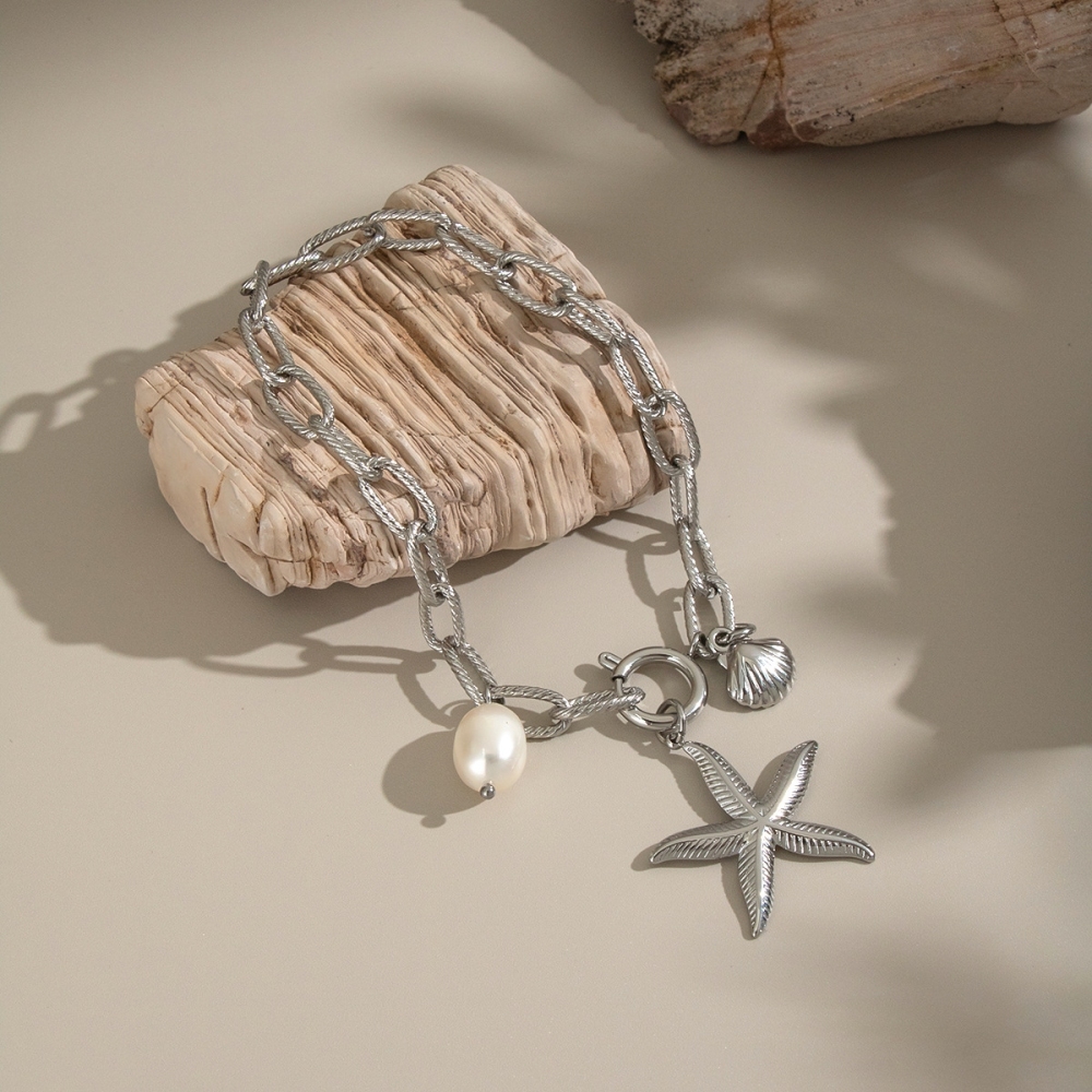 Popular Boho Ocean Beach Vacation Style 18K Gold Plated Non-Tarnish Starfish Shell Pearl Charms Stainless Steel Chain Bracelet