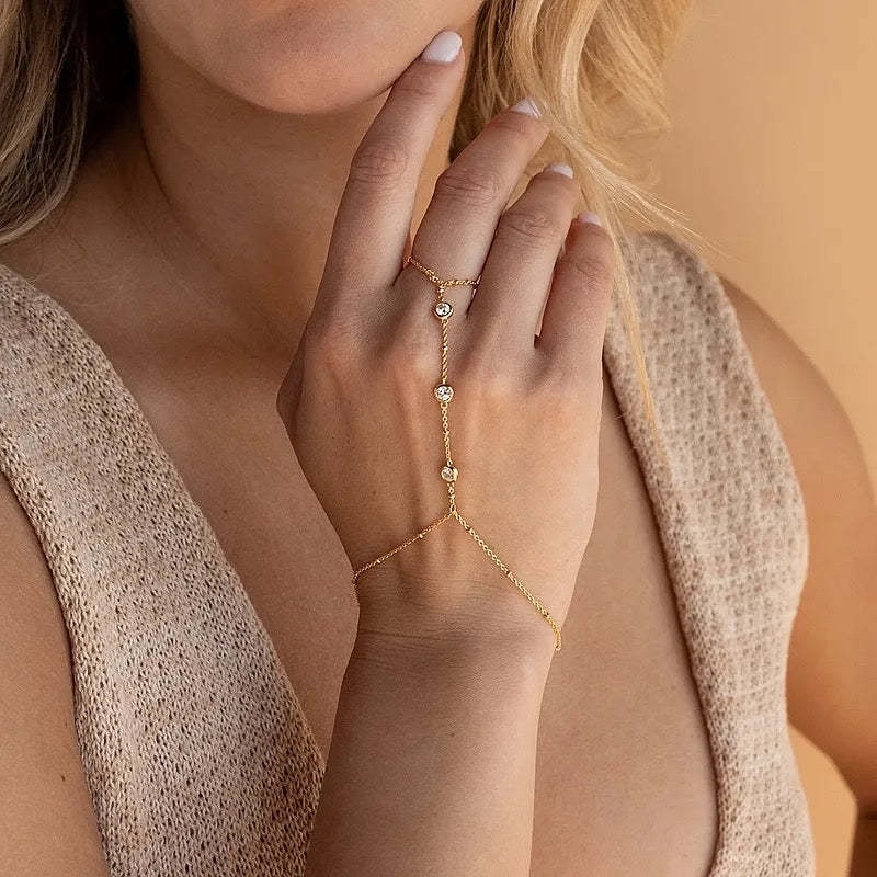 New Arrival Fashion Jewelry Wholesale 18K Gold Plated Waterproof Stainless Steel Zircon Finger Ring Chain Bracelets for Women