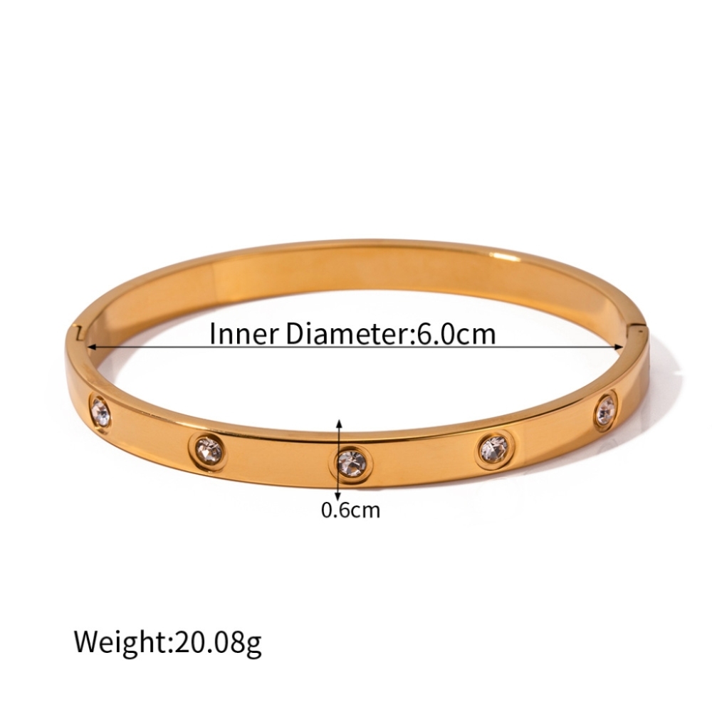 Hot Sale 18K PVD Gold Plated Stainless Steel Bangle Round Zircon Inlaid Rectangular Alternating Bracelet for Women